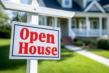 Open House Sign in Front of a Beautiful Suburban Home, Sunny Day.