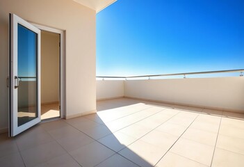 Sunlight streams onto an empty terrace through a glass door, casting a shadow on the pale tiles; blue sky , calm, bright