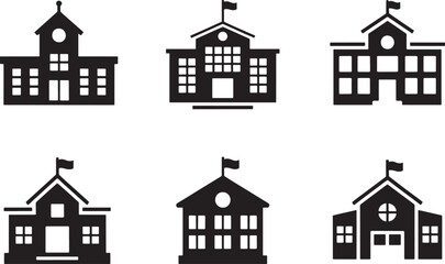 Fototapeta premium School Building Icons in Black and White Silhouette Style 