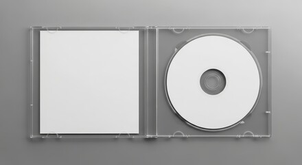 Top-down view of an open compact disc jewel case with a blank white disc and paper insert for a mockup
