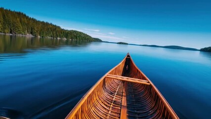 Tranquil lake scene, showcasing a wooden canoe gliding on still water, bathed in sunlight.