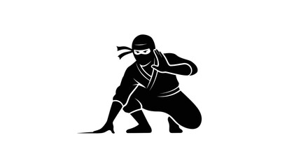 Silhouette of a Ninja Warrior in Crouching Position, Ready for Action.