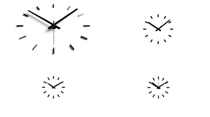 Abstract clock faces, minimalist design, various sizes on white background