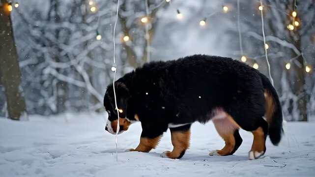 Bernese Mountain Dog puppy sits on snow in a winter forest with falling snow and LED garlands on trees. holiday pet themes, family greetings, and warm seasonal branding.