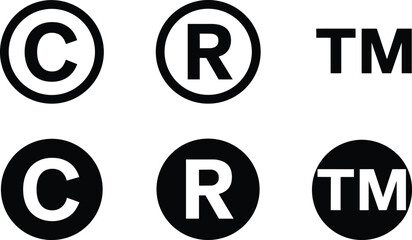 Six Black And White Copyright Trademark And Registered Symbol Icons vector illustration