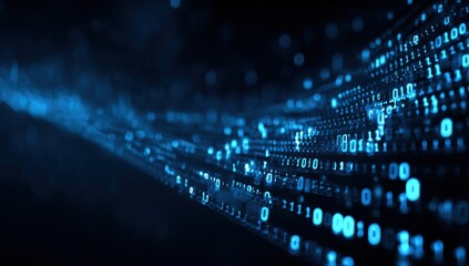 Abstract digital stream of binary code. A dark background is filled with a flowing stream of binary digits. The digits are bright blue and appear to be in motion, creating a dynamic visual effect