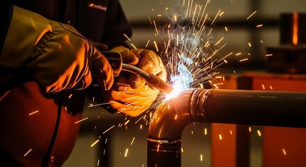 Industrial Welding Process with Sparks and Metal Pipe in Workshop