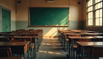 Empty classroom with rows of wooden desks, chairs bathed in sunlight from large windows. Green blackboard hangs on wall, hinting at past lessons. Atmosphere quiet, nostalgic, evoking sense of school