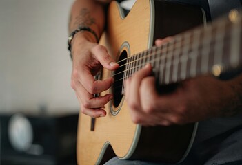 music,closeup. man holding a wooden guitar