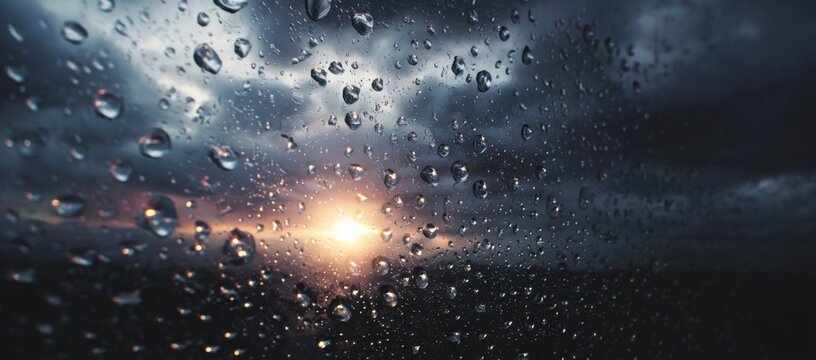 Rain drops on glass reflecting a stormy sunset