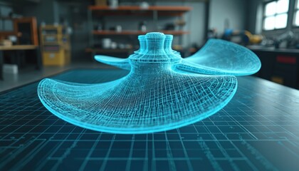 Digital blueprint of ship propeller visualized in modern workshop. Mesh wireframe design shows intricate details of propeller blades, hub, indicating precision engineering, advanced manufacturing