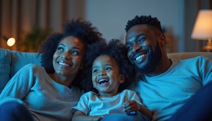 African-American family with child relaxing on couch watching TV together in the evening. Parents and son smiling while enjoying entertainment, bonding time at home.