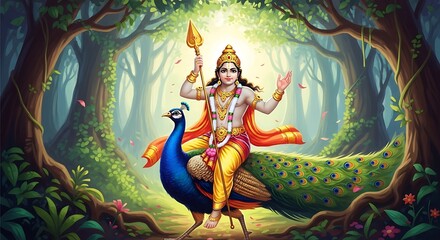 Vibrant Illustration of Hindu Goddess Durga with Peacock in Mystical Forest Scene