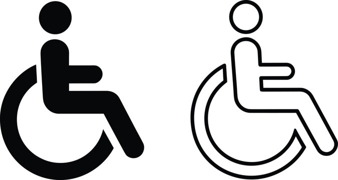 Two wheelchair accessibility icons one solid black and one outline on white symbol disabled