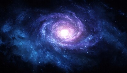 Fototapeta premium Spiral galaxy in deep space. Vast expanse of dark space, swirling spiral galaxy, vibrant blues & purples, central light