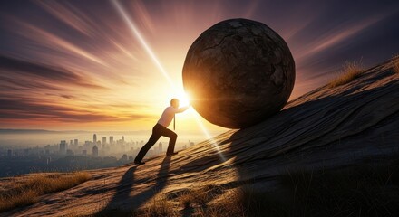 Man pushing boulder up hill symbolizing overcoming challenges, perseverance, and success
