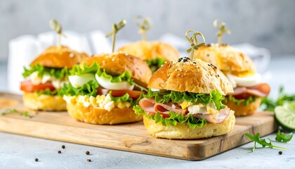 Delicious gourmet sandwiches on a wooden platter