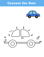 Dot to Dot Worksheet for Kids. Connect the dots to draw a cute car . Illustration of car . Coloring page.