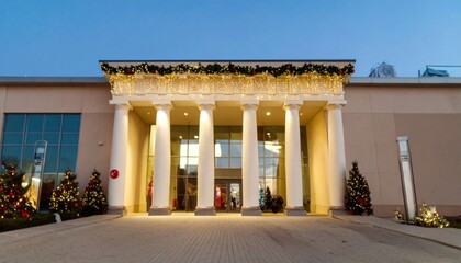 Obraz premium Festive Storefront with Classic Columns and Christmas Decorations at Dusk