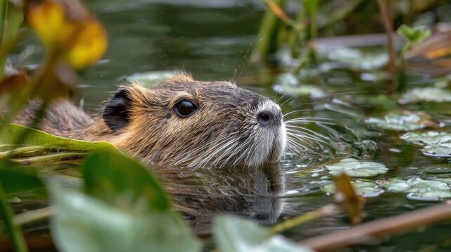 A nutria is peacefully swimming in calm waters of a wetland. Surrounded by vibrant green plants, reflections shimmer on the surface as evening light bathes the scene.