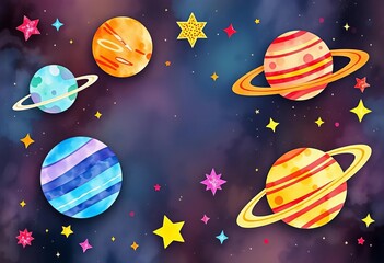 Whimsical watercolor planets, stars, and galaxies in vibrant hues, cosmic swirls and playful shapes,  magical,  sky