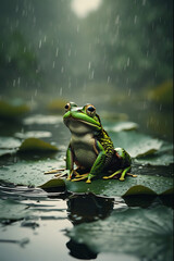 Green frog serenely sits on a lily pad in the rain.