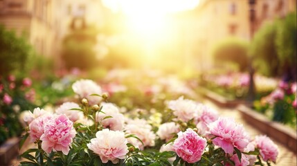 A lush garden filled with vibrant flowers bathed in warm summer sunlight, creating a dreamy atmosphere.
