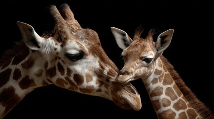 Obraz premium Two giraffes share a gentle moment, showcasing their unique patterns and features. The adult and calf exhibit a loving connection, with their heads close together, highlighting their bond.