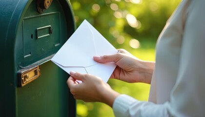 Close-up of woman hands inserting white envelope into green mailbox outdoors. Soft natural light highlights texture of paper, mailbox detail. Sending personal message, correspondence, communication.