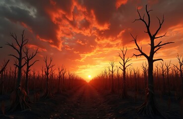 Barren cornfield under dramatic sunset sky with silhouetted trees. Intense orange, brown colors create moody, atmospheric scene. Drought conditions evident in dead landscape, nature harshness, decay.