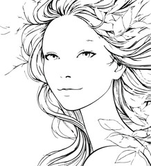 Elegant line art of a woman’s face with flowing hair turning into leaves, minimal black and white vector, luxury skincare packaging illustration 1