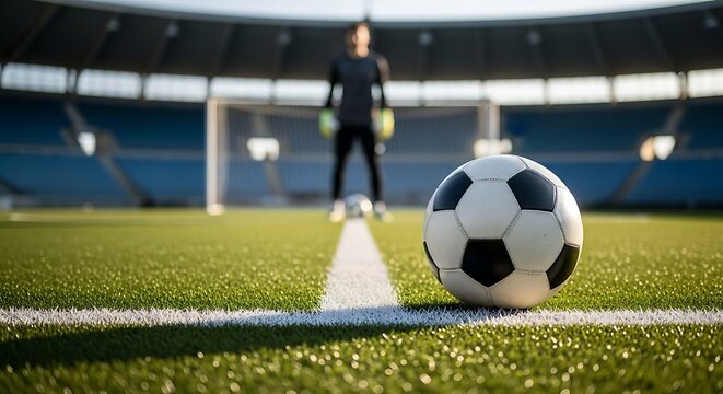 Soccer goalkeeper standing on a green sports field with a soccer ball in frontline in a modern - Powered by Adobe