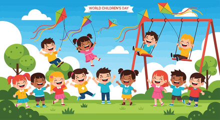flat vector of children playing together in a park with kites, swings, and smiling faces, symbolizing joy and unity on World Children’s Day