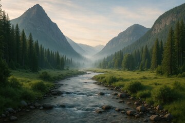 Serene River Valley: A mesmerizing natural landscape unfolds, with a tranquil river winding through a lush valley and towering mountain peaks in the distance.