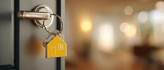 The house key in a lock with blurred cozy interior and warm bokeh lights