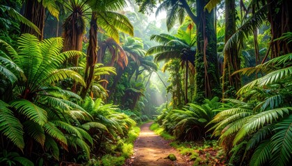 Obraz premium A sunlit path winds through a lush, vibrant tropical rainforest, showcasing a profusion of lush green foliage and towering trees.