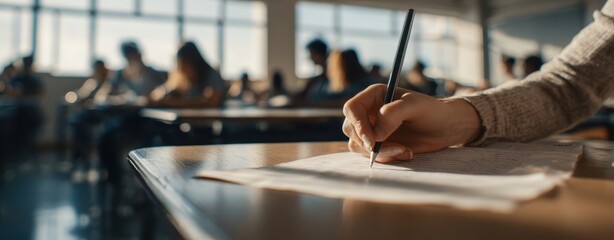 The Student Writing an Exam Paper in a Bright Classroom Testing Environment
