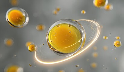A central, large, translucent sphere filled with viscous, amber liquid is orbited by a luminous ring, surrounded by smaller, similar spheres floating against a muted gray backdrop