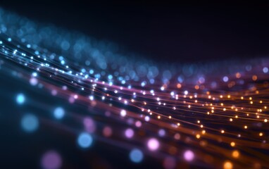 Abstract digital wave of glowing particles in teal and orange