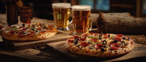 Fototapeta premium The Pizza Night Spread With Two Cold Beers On Rustic Wooden Table