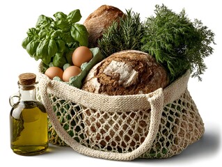 Fresh ingredients for a healthy meal are gathered in a reusable mesh bag with oil, on a bright white surface.