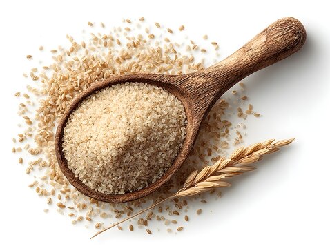 Wooden spoon holds a pile of buur wheat alongside a dried wheat stalk on a clean white background scene.