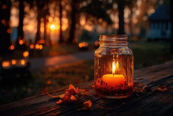 Autumnal candlelight in a rustic jar