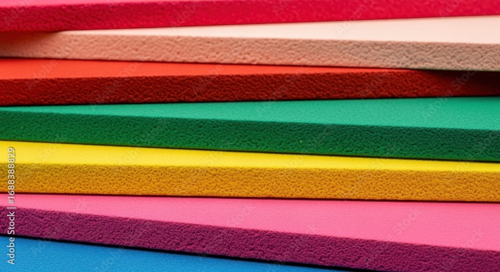 Poster rainbow of textures: a vibrant display of stacked foam sheets, showcasing a spectrum of bold colors,