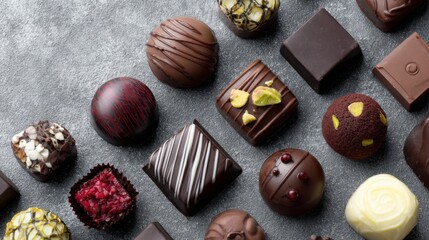 Fototapeta premium An enticing arrangement of handmade chocolates of different shapes and toppings lies on a gray surface. Each piece features unique flavors and artistic designs, inviting indulgence.