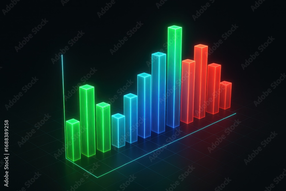 Poster illuminated chart: a vibrant bar graph glows against a stark black backdrop, representing data visua