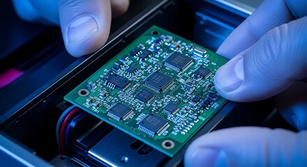 High-Tech Circuit Board Inspection with Gloved Hands for Electronic Manufacturing