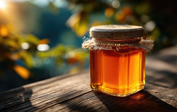 Honey jar on rustic wooden table, sunlit