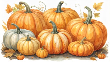 Obraz premium Pile of Pumpkins Autumnal Colors with Leaves and White Background Studio Lighting