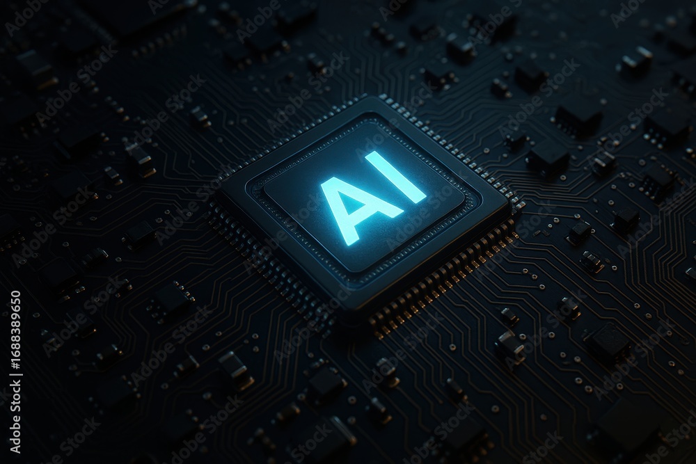Aufkleber ai chip illuminated: a close-up view of a technologically advanced integrated circuit, featuring a g